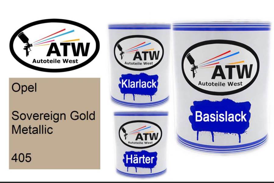 Opel, Sovereign Gold Metallic, 405: 1L Lackdose + 1L Klarlack + 500ml Härter - Set, von ATW Autoteile West.
